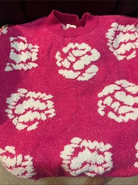 BiBi Hot Pink Crewneck Sweater with Cream Floral Texture